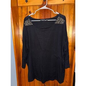 Susan Graver Artisan 2X Top Embellished Studded Black 3/4 Sleeve‎